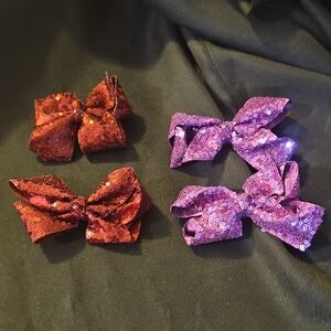 Sequin Bow Hair Clips Set - Red and Purple
